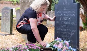 Louise Brown, the world's first IVF baby, laying flowers in honour of Jean Purdy, the first clinical embryologist and co-founder of Bourn Hall