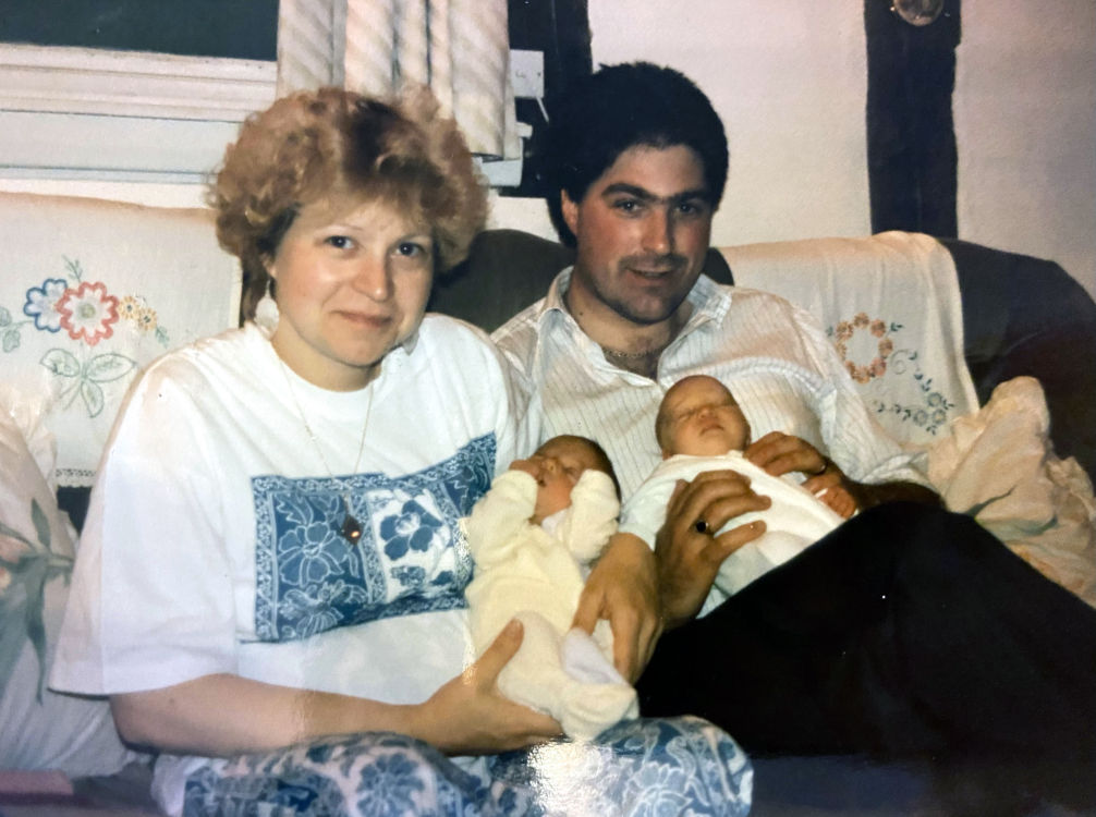 Angela and Martin with Bourn Hall twins Nikki and Becky 30 years ago